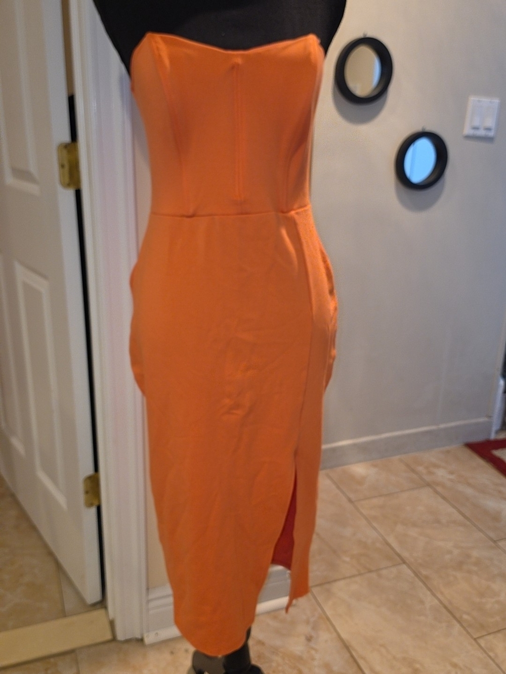 Hot Miami Styles Strapless Orange Midi Dress with Side Slit